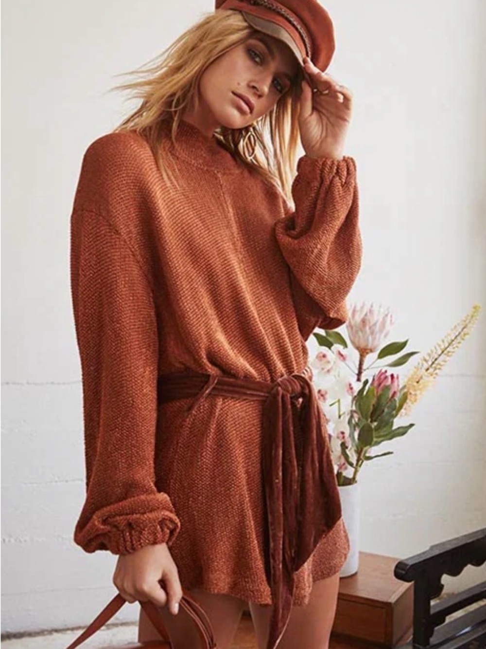 Free People Fete Sweater Shirt Dress metallic knit belted size large